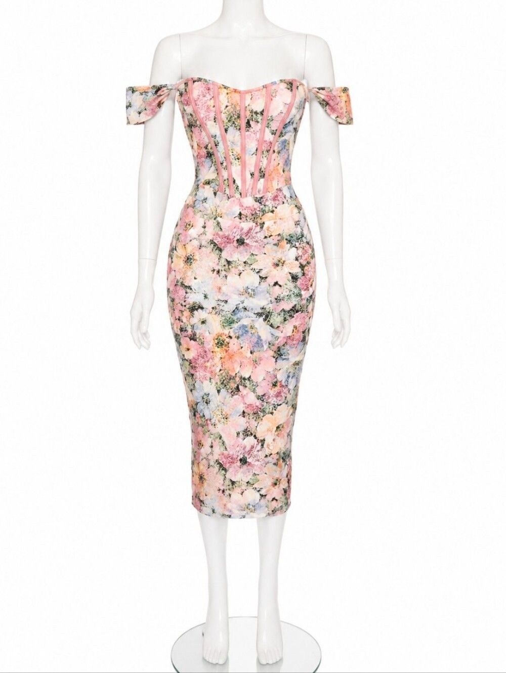 Floral Corset Midi Dress Off Shoulder Pink Women's Size Medium